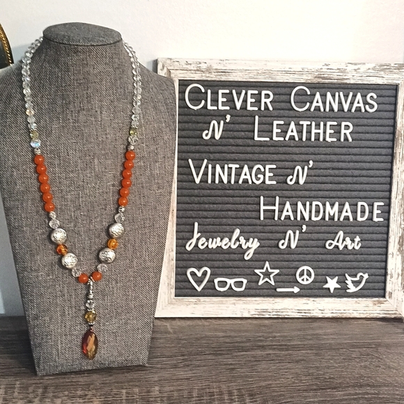 Aurora borealis glass w Lotus & orange Artisan beaded necklace - Picture 3 of 8